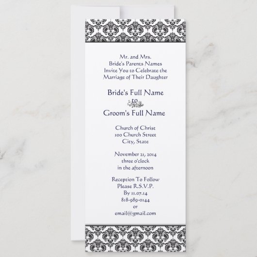 Black Damask Swirls Wedding Invitation Kaart (Voorkant)