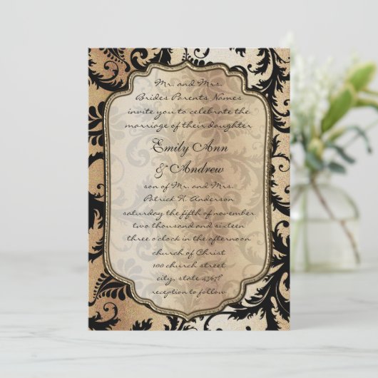 Black Damask Swirls Wedding Invitation Kaart (Staand voorkant)