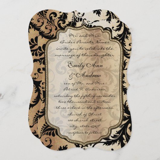 Black Damask Swirls Wedding Invitation Kaart (Voorkant / Achterkant)