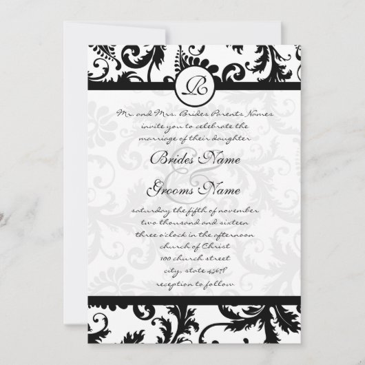 Black Damask Swirls Wedding Invitation Kaart (Voorkant)