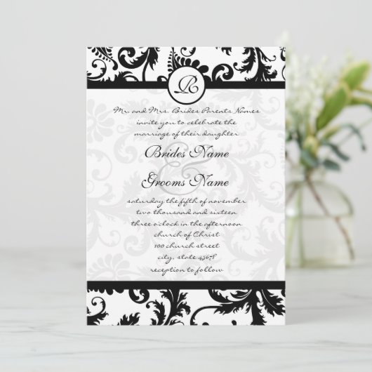 Black Damask Swirls Wedding Invitation Kaart (Staand voorkant)