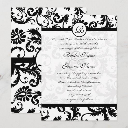 Black Damask Swirls Wedding Invitation Kaart (Voorkant / Achterkant)