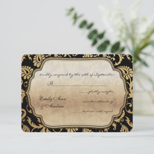 Black Damask Swirls Wedding RSVP (Staand voorkant)