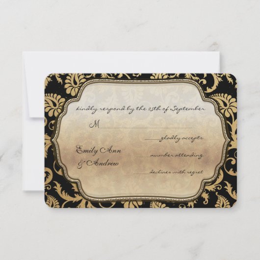 Black Damask Swirls Wedding RSVP Kaartje (Voorkant)