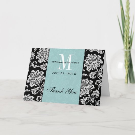 Black Damask Tiffany Monogram Weddenschap Bedankt (Voorkant)