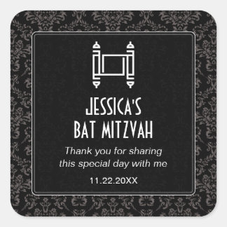 Black Damask Torah Bat Mitzvah Vierkante Sticker