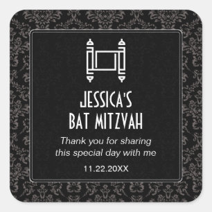 Black Damask Torah Mitzvah Vierkante Sticker