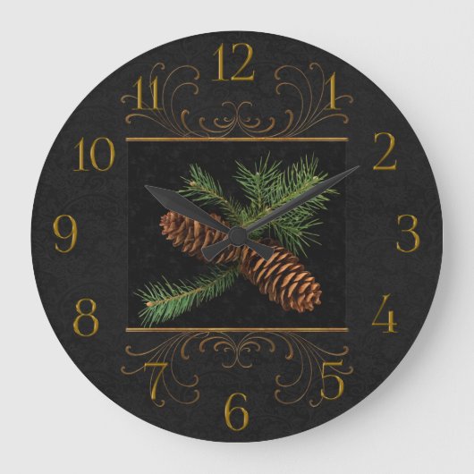 Black Damask Waterverf Pine Cones Grote Klok (Voorkant)