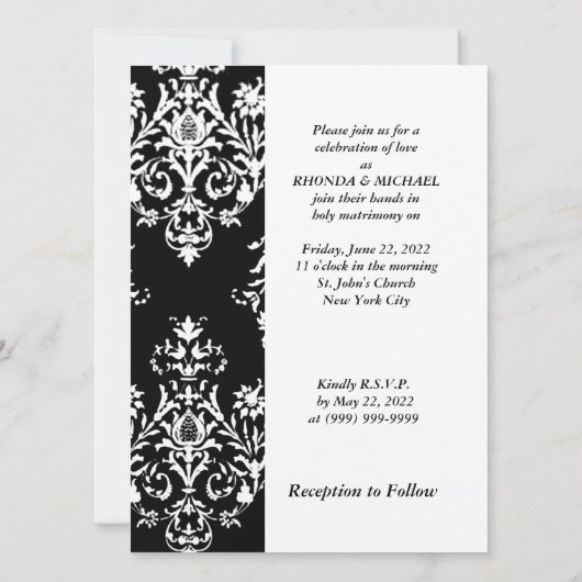 Black Damask Wedding Invitation Damask Kaart (Achterkant)