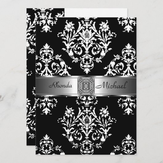 Black Damask Wedding Invitation Damask Kaart (Voorkant / Achterkant)