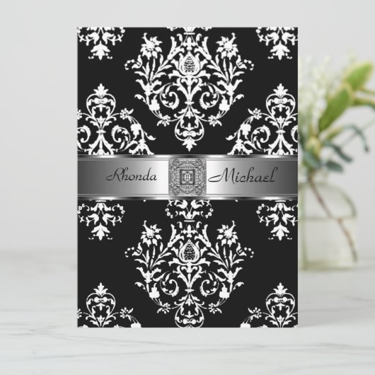Black Damask Wedding Invitation Damask Kaart (Staand voorkant)