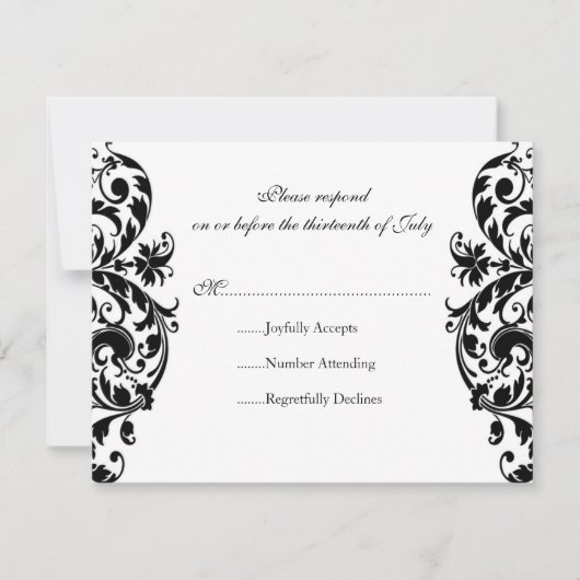 Black Damask Wedding Invitation RSVP-reactiekaart RSVP Kaartje (Voorkant)