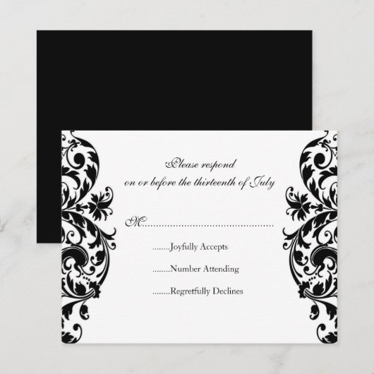 Black Damask Wedding Invitation RSVP-reactiekaart RSVP Kaartje (Voorkant / Achterkant)