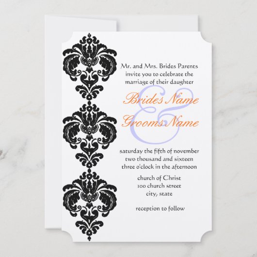 Black Damask Wedding Invitations Kaart (Achterkant)
