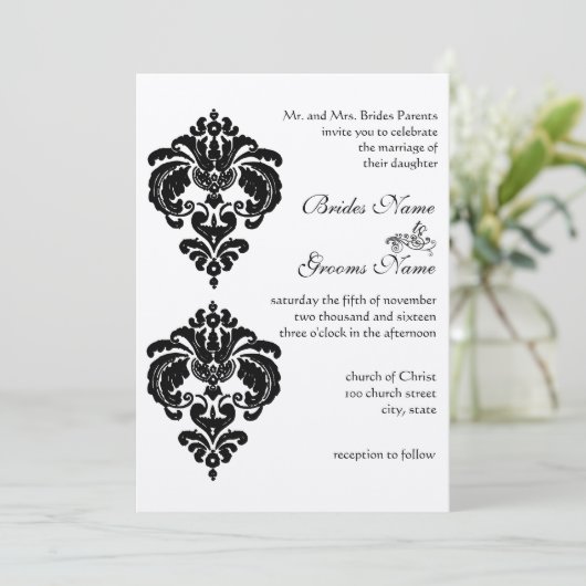 Black Damask Wedding Invitations Kaart (Staand voorkant)