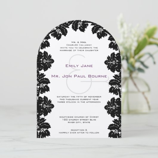 Black Damask Wedding Invitations Kaart (Staand voorkant)