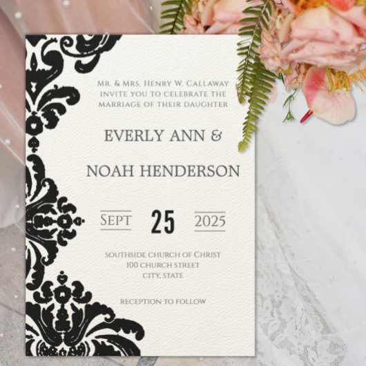  Black Damask Wedding Invitations Kaart
