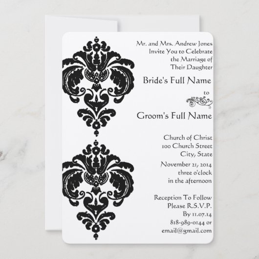 Black Damask Wedding Invitations Kaart (Voorkant)