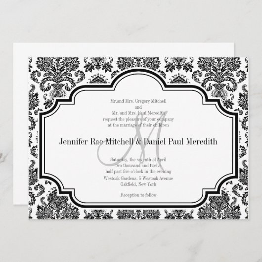 Black Damask Wedding Invitting Monogram M Kaart (Voorkant / Achterkant)