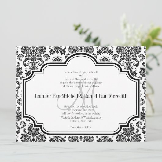 Black Damask Wedding Invitting Monogram M Kaart (Staand voorkant)