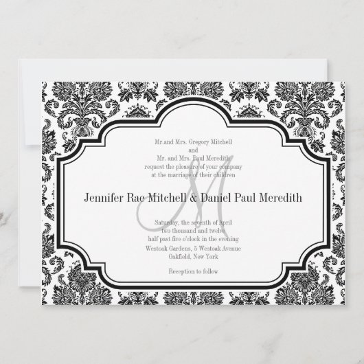 Black Damask Wedding Invitting Monogram M Kaart (Voorkant)