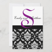 Black Damask Wedding Invitting Paarse Monogrammen Kaart (Voorkant)