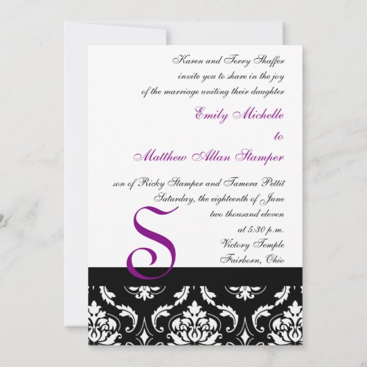 Black Damask Wedding Invitting Paarse Monogrammen Kaart (Achterkant)