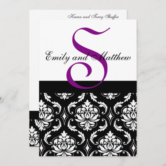 Black Damask Wedding Invitting Paarse Monogrammen Kaart (Voorkant / Achterkant)