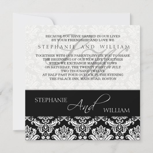 Black Damask Wedding Monogram Uitnodiging (Achterkant)