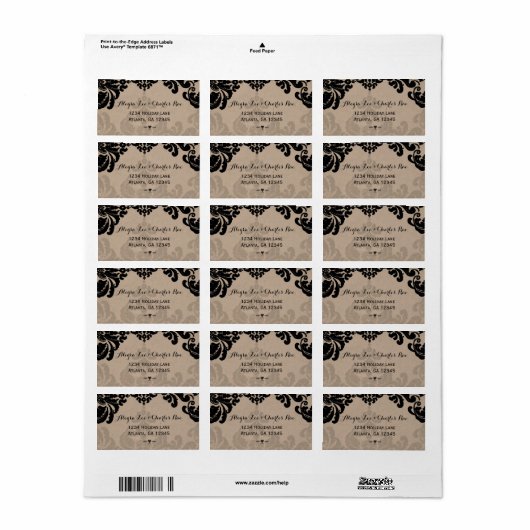  Black Damask Wedding Return-adres Etiket (Full Sheet)