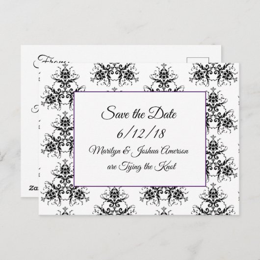 Black Damask Wedding Save the Date Briefkaarten (Voorkant / Achterkant)