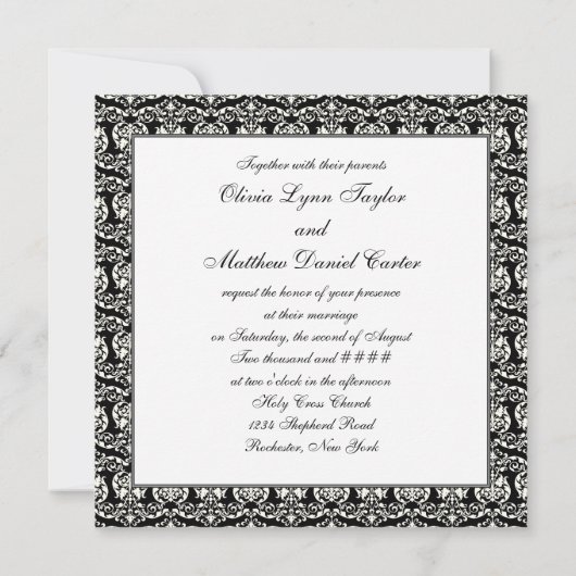Black Damask White Wedding Damask Uitnodiging (Achterkant)