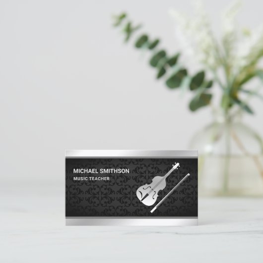 Black Damask Zilveren Viool Muziek Docent Vioolvio Visitekaartje (Staand voorkant)