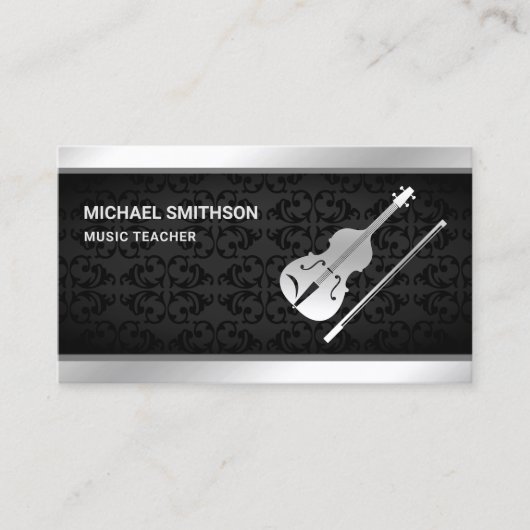 Black Damask Zilveren Viool Muziek Docent Vioolvio Visitekaartje (Voorkant)