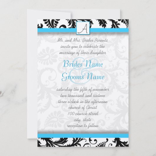 Black Damask zwemt Bright Aqua Trim zonder Stippen Kaart (Achterkant)