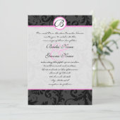 Black Damask zwemt roze trim Wedding Invitting Kaart (Staand voorkant)
