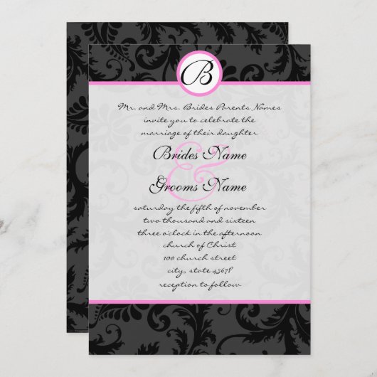 Black Damask zwemt roze trim Wedding Invitting Kaart (Voorkant / Achterkant)