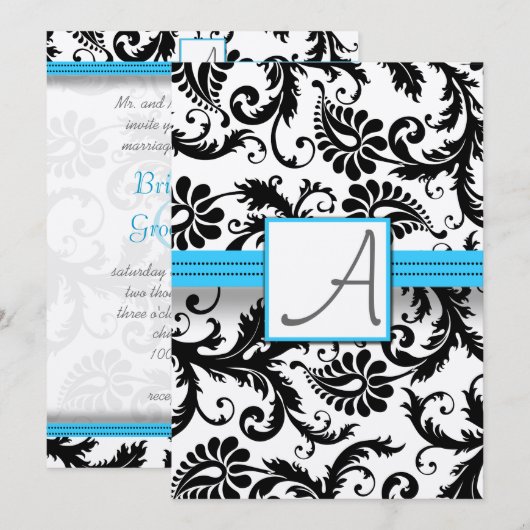 Black Damask zwemt wit met Bright Aqua Trim Kaart (Voorkant / Achterkant)