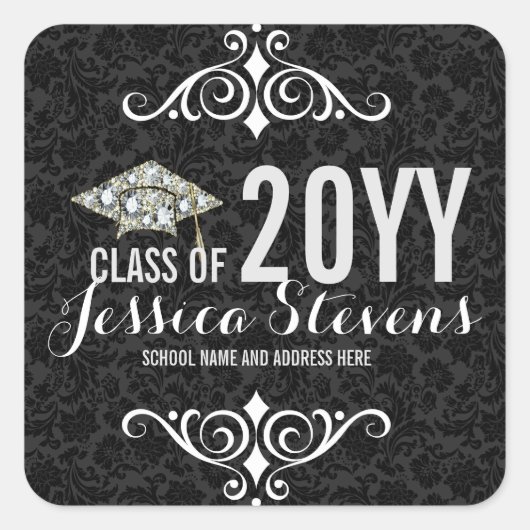 Black Damasks Faux Damions Graduation Hat 2b Vierkante Sticker (Voorkant)