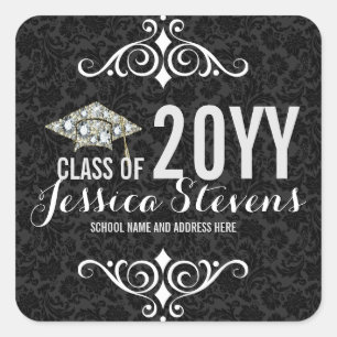 Black Damasks Faux Damions Graduation Hat 2b Vierkante Sticker