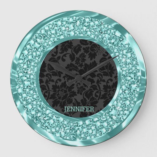 Black Damasmaskers Sparking Green Diamonds Glitter Grote Klok (Voorkant)