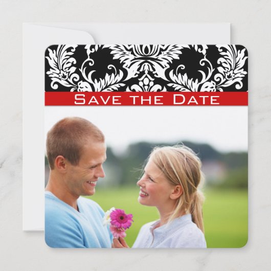 Black Damast Rode Afwerking Bewaar de Datum Save The Date (Voorkant)