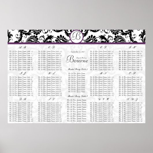 Black Damsk Paars Trim Wedding Seding Chart Poster (Voorkant)