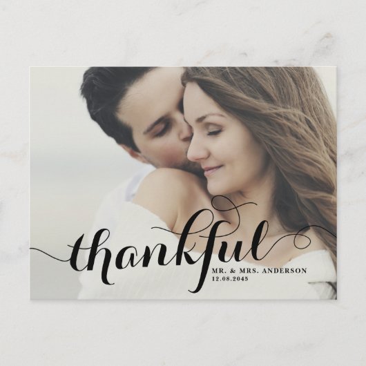 Black Dankbare Kalligrafie Fotobruiloft Dank u Briefkaart (Voorkant)