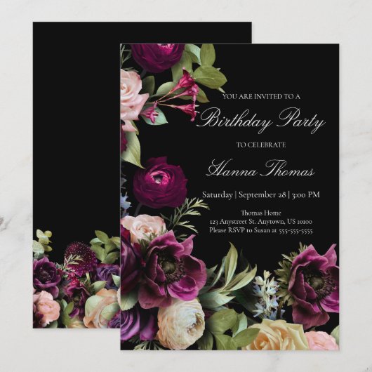 Black Dark Moody Elegant Floral Birthday Party Kaart (Voorkant / Achterkant)