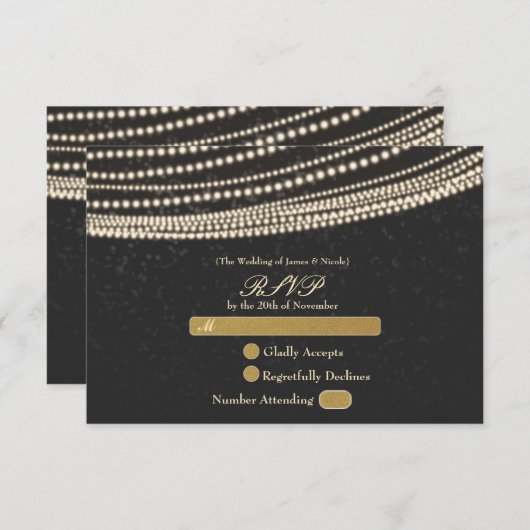 Black Dark Night Sky & String Lights RSVP-kaart RSVP Kaartje (Voorkant / Achterkant)