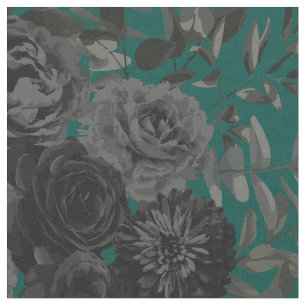 Black Dark Turquoise Gothic Roos Floral Stof