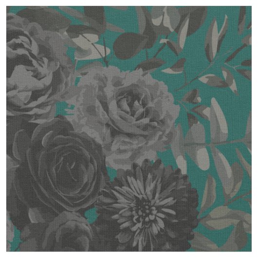 Black Dark Turquoise Gothic Roos Floral Stof (Close Up)