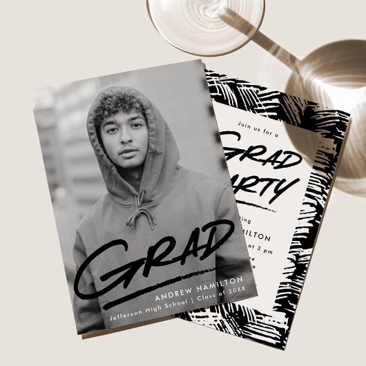 Black | Dashed Photo Graduparty Kaart