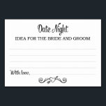Black Date Night Idee Kaarten<br><div class="desc">Deze lieve Date Night ideeënkaarten zullen het perfecte compliment zijn voor uw huwelijksreceptie of feest. Dit ontwerp is voorzien van een combinatie van zwarte lettertypen, met een hart banner als accent, vragen uw gasten om een notitie met hun beste date ideeën te verlaten. De kaart heeft ruimte voor gasten om...</div>
